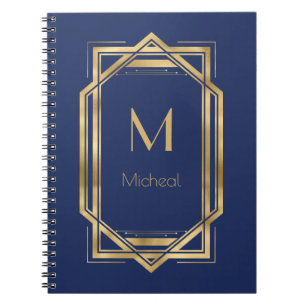 Navy Blue en Gold Geometric   Monogram en naam Notitieboek