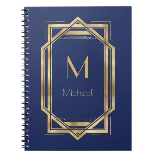 Navy Blue en Gold Geometric | Monogram en naam Notitieboek (Voorkant)