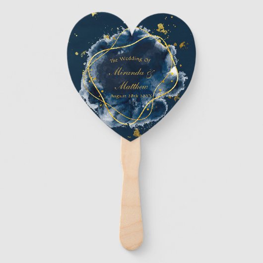 Navy Blue en Gold Geometric Wedding Handwaaier (Voorkant)