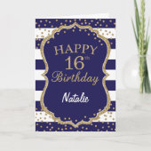 Navy Blue en Gold Glitter 16e Verjaardag Kaart (Voorkant)