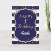 Navy Blue en Gold Glitter 1e Verjaardag Kaart (Voorkant)