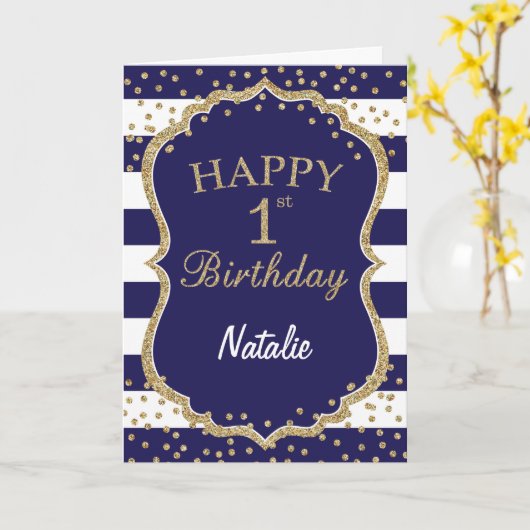 Navy Blue en Gold Glitter 1e Verjaardag Kaart (Gele Bloem)