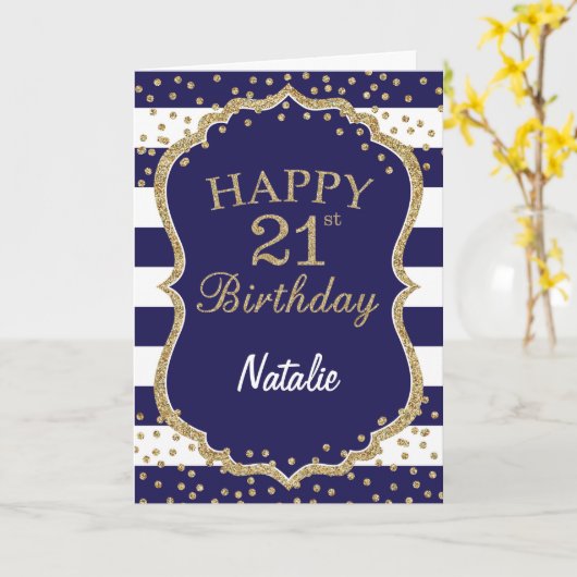 Navy Blue en Gold Glitter 21st Birthday Card Kaart (Gele Bloem)