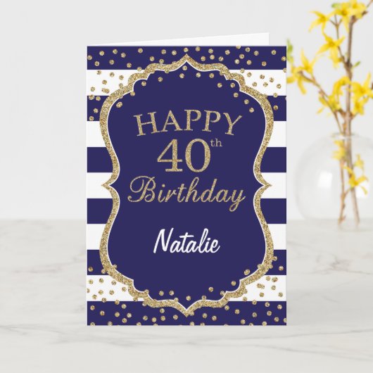 Navy Blue en Gold Glitter 40e Verjaardag Kaart (Gele Bloem)