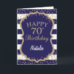 Navy Blue en Gold Glitter 70th Birthday Card Kaart<br><div class="desc">Navy Blue en Gold Glitter confetti 70th Birthday Card met persoonlijke naam.Klik voor verdere aanpassingen op de knop "Aanpassen" en gebruik onze ontwerptool om deze sjabloon te wijzigen.</div>
