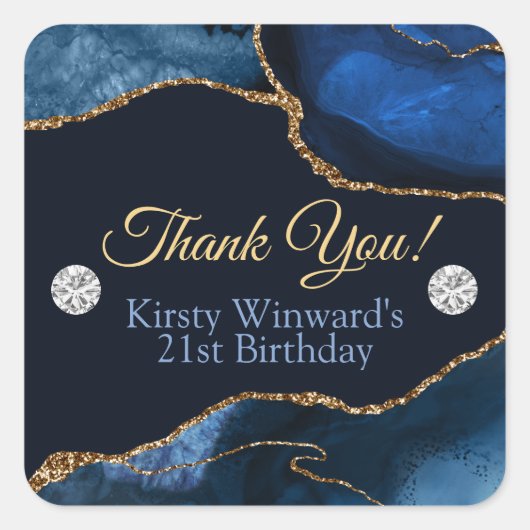 Navy Blue en Gold Glitter Agate Birthday Party Vierkante Sticker (Voorkant)