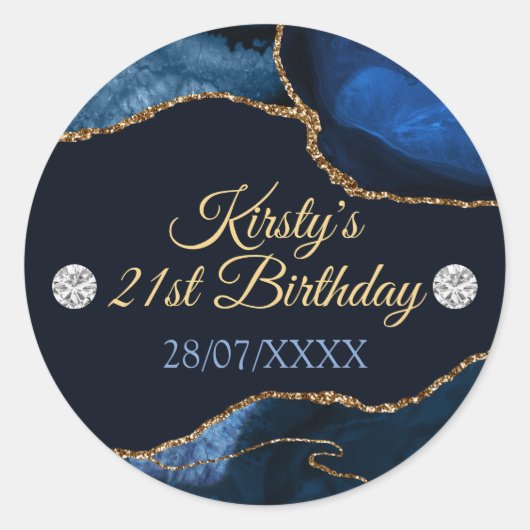 Navy Blue en Gold Glitter Agate Birthday Ronde Sticker (Voorkant)
