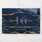 Navy Blue en Gold Glitter Agate Marble Sweet 16 Sparkling Wijnetiket (Enkel label)