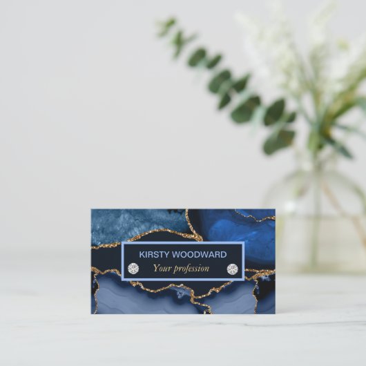 Navy Blue en Gold Glitter Agate Visitekaartje (Staand voorkant)
