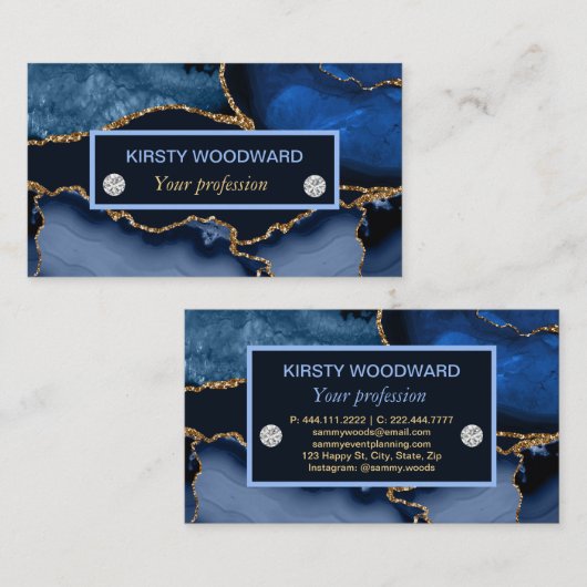 Navy Blue en Gold Glitter Agate Visitekaartje (Voorkant / Achterkant)