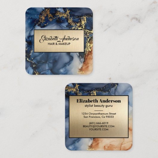 Navy Blue en Gold Glitter Marble Agate Modern Vierkante Visitekaartje (Voorkant / Achterkant)