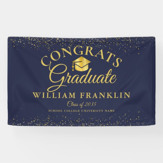 Navy Blue en Gold Glitter Modern Afstuderen Spandoek (Horizontaal)