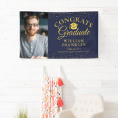 Navy Blue en Gold Glitter Modern Photo Afstuderen Spandoek (Insitu)
