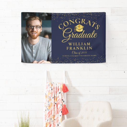 Navy Blue en Gold Glitter Modern Photo Afstuderen Spandoek (Insitu)