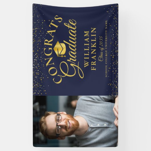 Navy Blue en Gold Glitter Modern Photo Afstuderen Spandoek (Verticaal)