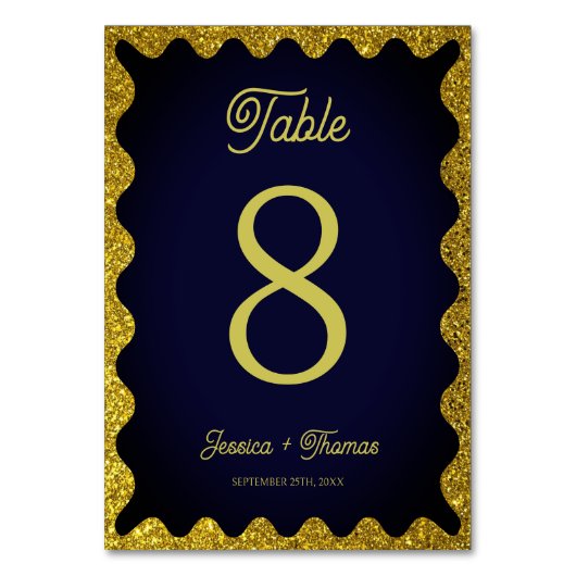 Navy Blue en Gold Glitters Wavy Retro Wedding Kaart (Voorkant)