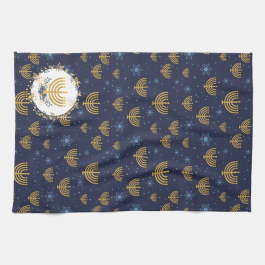Navy Blue en Gold Hanukkah Menorah Pattern Theedoek (Horizontaal)