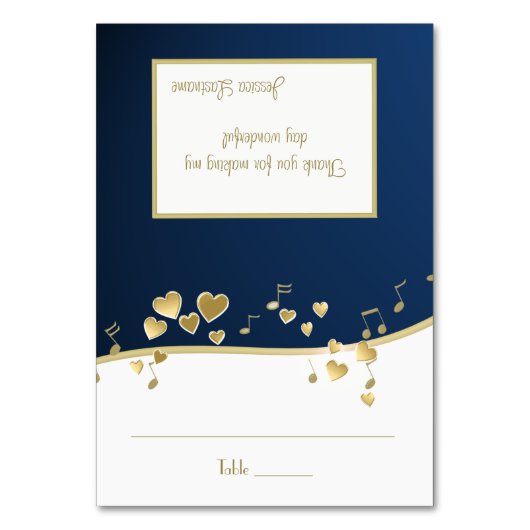 Navy Blue en Gold Hearts Muziek Zitplaatsen Kaart (Voorkant)