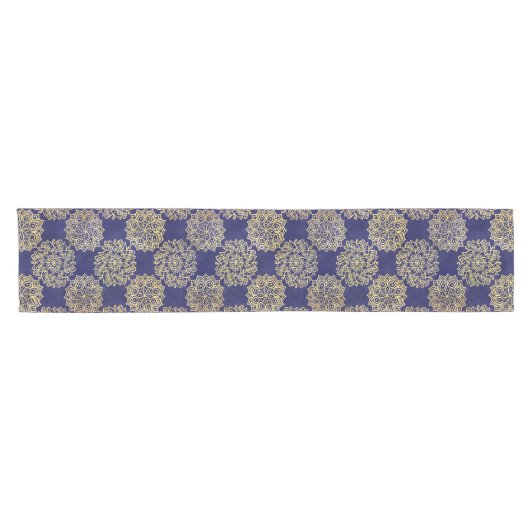 Navy Blue en Gold Kaleidoscope Pattern Korte Tafelloper (Horizontaal)