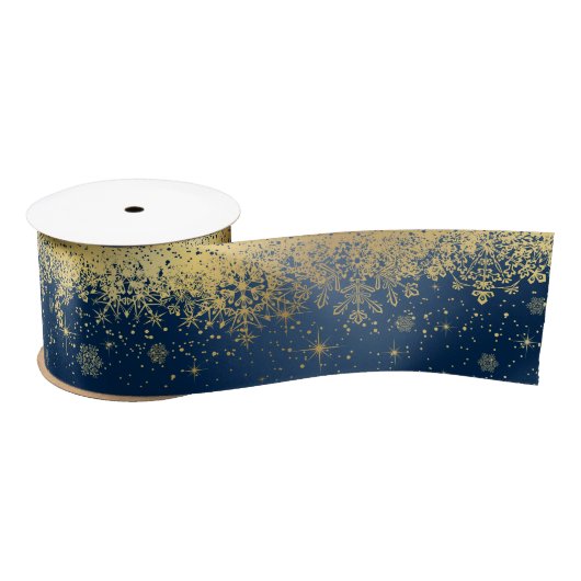 Navy Blue en Gold Kerstsnowflakes Satijnen Lint (Spoel)