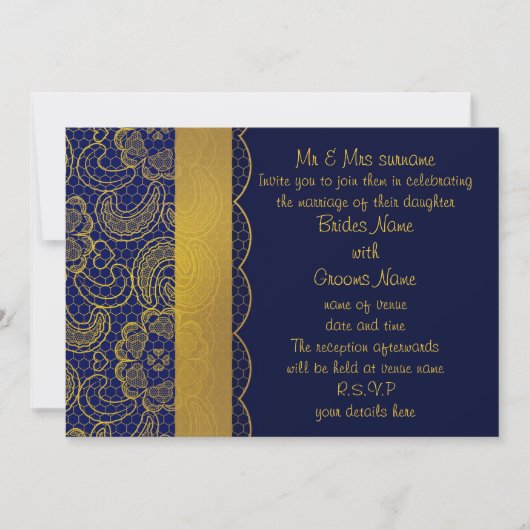 Navy Blue en Gold Lace Wedding Invites Kaart (Voorkant)