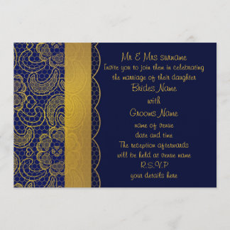 Navy Blue en Gold Lace Wedding Invites Kaart