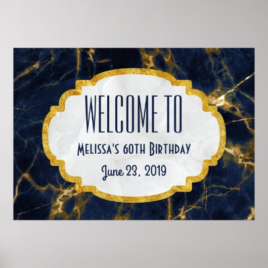 Navy Blue en Gold Marble Modern Birthday Welkom Poster (Voorkant)