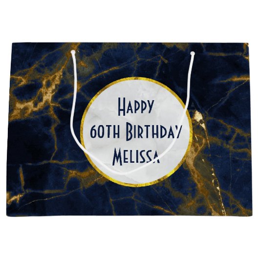 Navy Blue en Gold Marble Modern Stylish Birthday Groot Cadeauzakje (Voorkant)