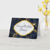 Navy Blue en Gold Marble Modern Stylish Birthday Kaart (Gele Bloem)