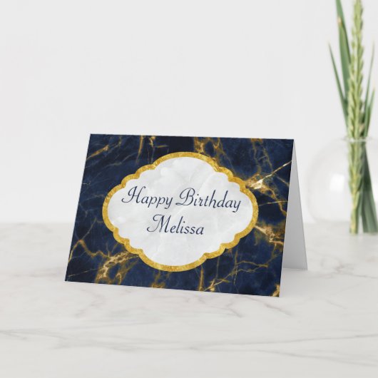 Navy Blue en Gold Marble Modern Stylish Birthday Kaart (Voorkant)