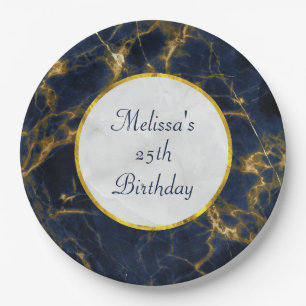 Navy Blue en Gold Marble Modern Stylish Birthday Papieren Bordje