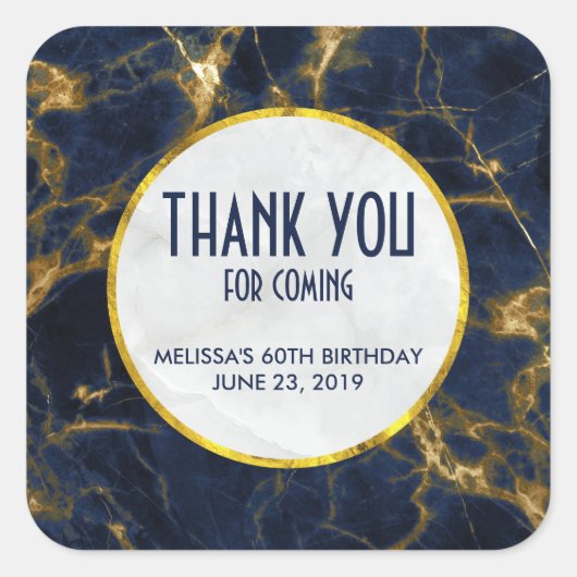 Navy Blue en Gold Marble Modern Stylish Birthday Vierkante Sticker (Voorkant)