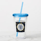 Navy Blue en Gold Marble Modern Stylish Monogram Acryl Drinkbeker (Achterkant)