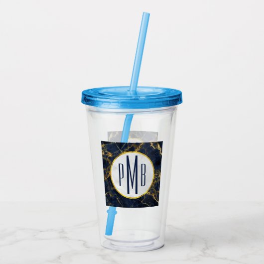 Navy Blue en Gold Marble Modern Stylish Monogram Acryl Drinkbeker (Achterkant)