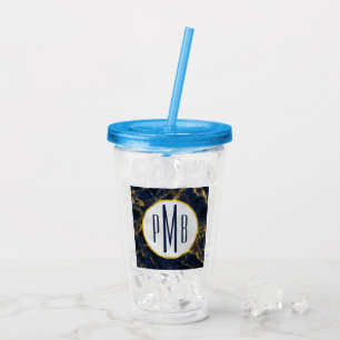 Navy Blue en Gold Marble Modern Stylish Monogram Acryl Drinkbeker