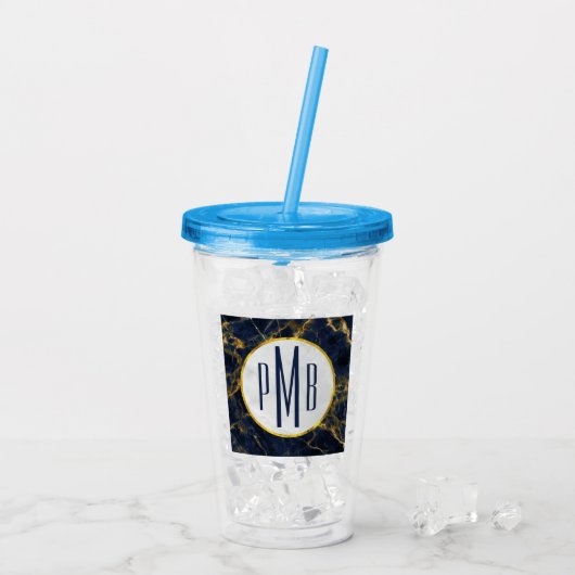 Navy Blue en Gold Marble Modern Stylish Monogram Acryl Drinkbeker (Achterkant ijs)