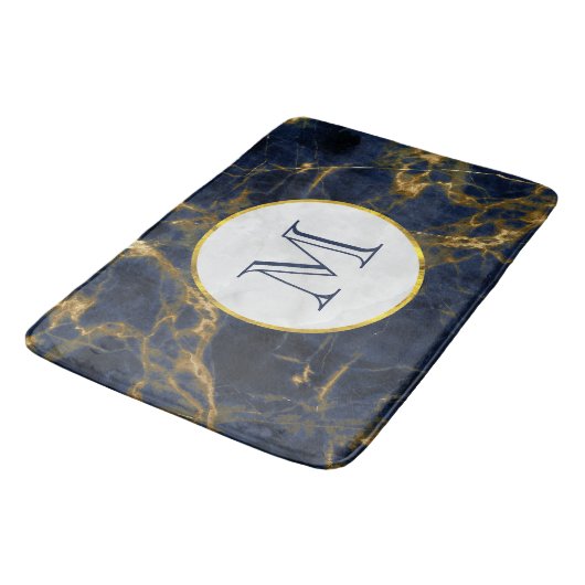 Navy Blue en Gold Marble Modern Stylish Monogram Badmat (Gekanteld)