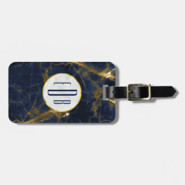Navy Blue en Gold Marble Modern Stylish Monogram Bagagelabel