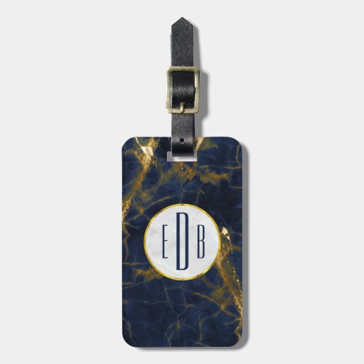 Navy Blue en Gold Marble Modern Stylish Monogram Bagagelabel (Voorkant verticaal)