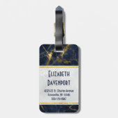 Navy Blue en Gold Marble Modern Stylish Monogram Bagagelabel (Achterkant verticaal)