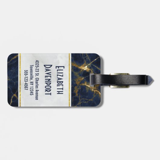 Navy Blue en Gold Marble Modern Stylish Monogram Bagagelabel (Achterkant horizontaal)