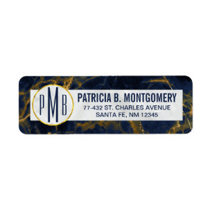 Navy Blue en Gold Marble Modern Stylish Monogram Etiket