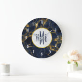 Navy Blue en Gold Marble Modern Stylish Monogram Grote Klok (Huis)