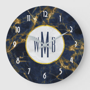 Navy Blue en Gold Marble Modern Stylish Monogram Grote Klok
