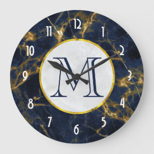 Navy Blue en Gold Marble Modern Stylish Monogram Grote Klok