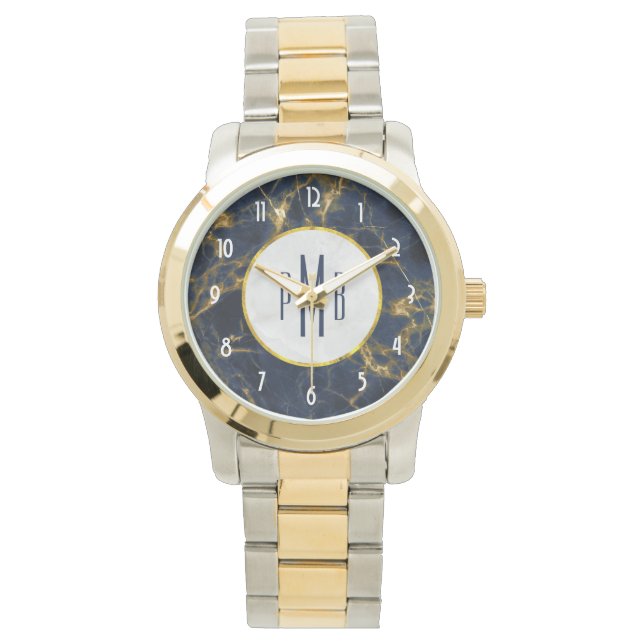 Navy Blue en Gold Marble Modern Stylish Monogram Horloge (Voorkant)