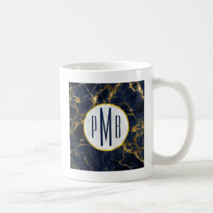 Navy Blue en Gold Marble Modern Stylish Monogram Koffiemok