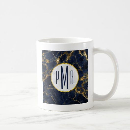 Navy Blue en Gold Marble Modern Stylish Monogram Koffiemok (Rechts)