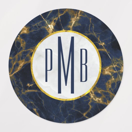 Navy Blue en Gold Marble Modern Stylish Monogram Labels (Design 2)