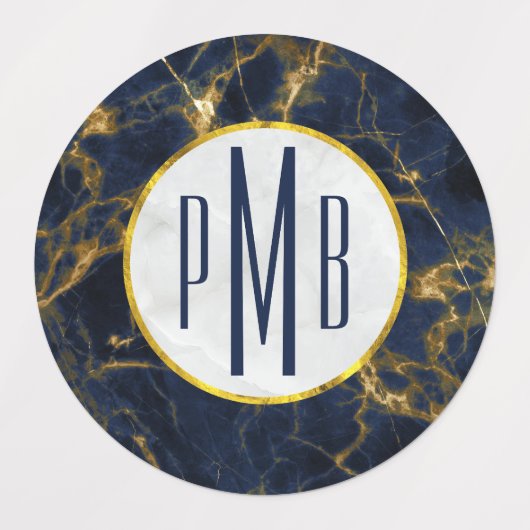Navy Blue en Gold Marble Modern Stylish Monogram Labels (Design 1)